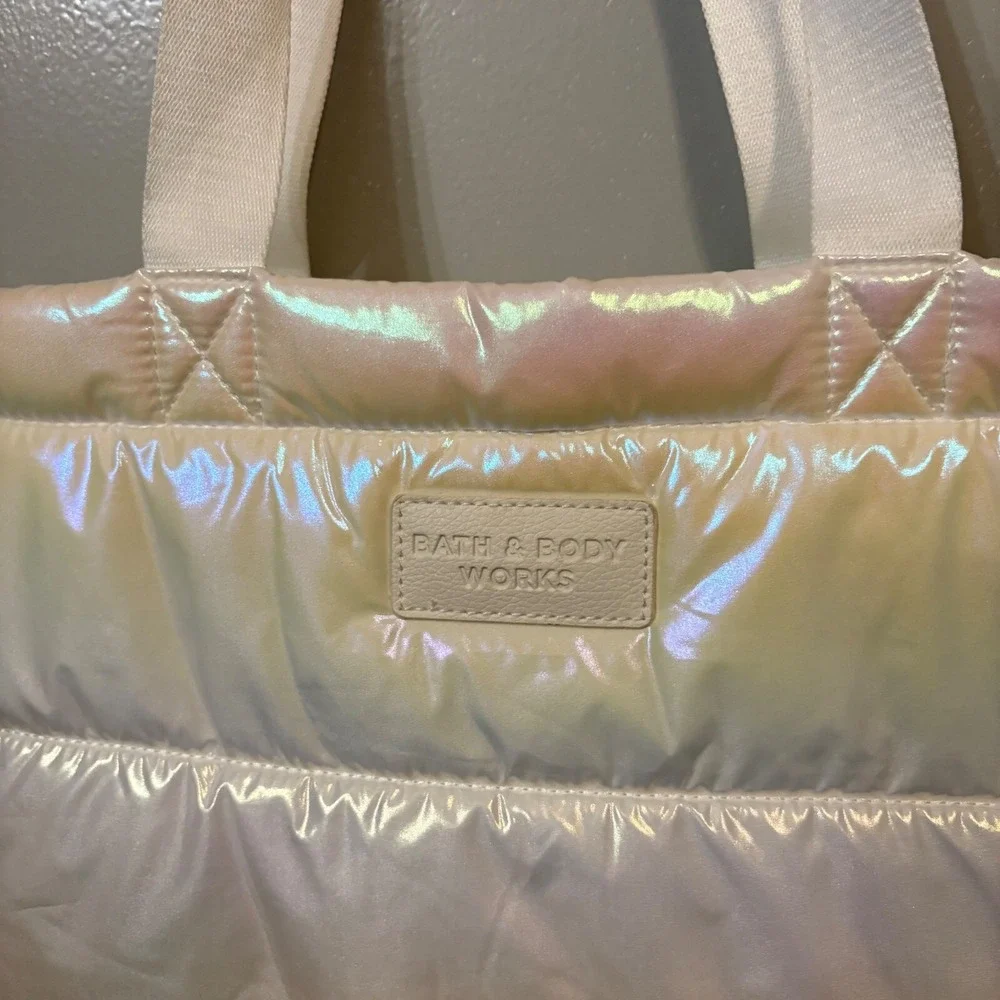 Bath & Body Works White Holographic Pastel Quilted Iridescent Puffer Tote Bag‎